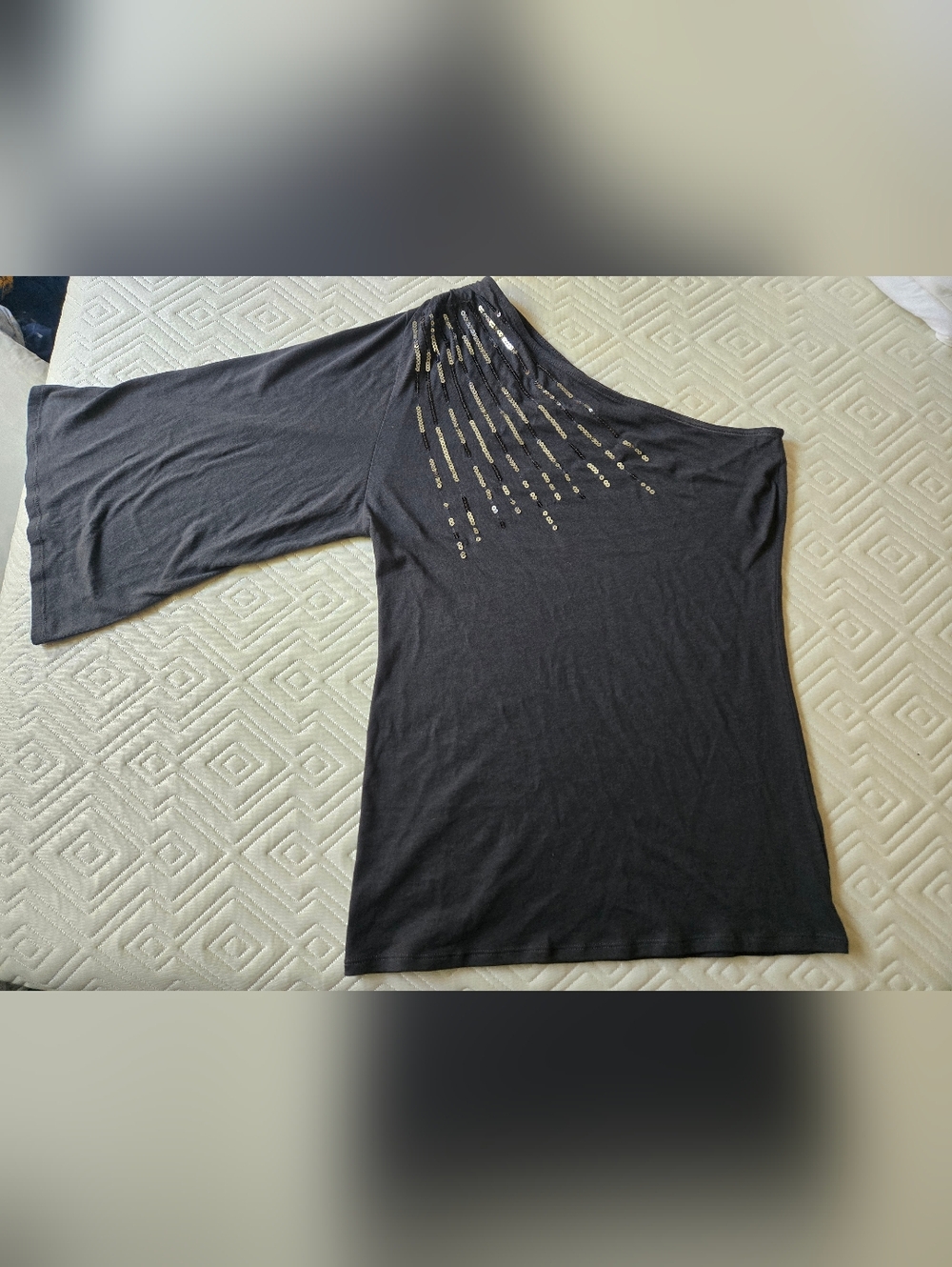 Dark Gray One-Shoulder Sequin Accent Women's Top